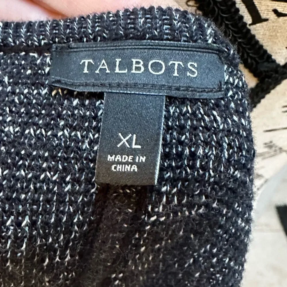 Talbots Two Way Zip Sweater Jacket Cardigan Duster Size XLarge Marled Black Knit